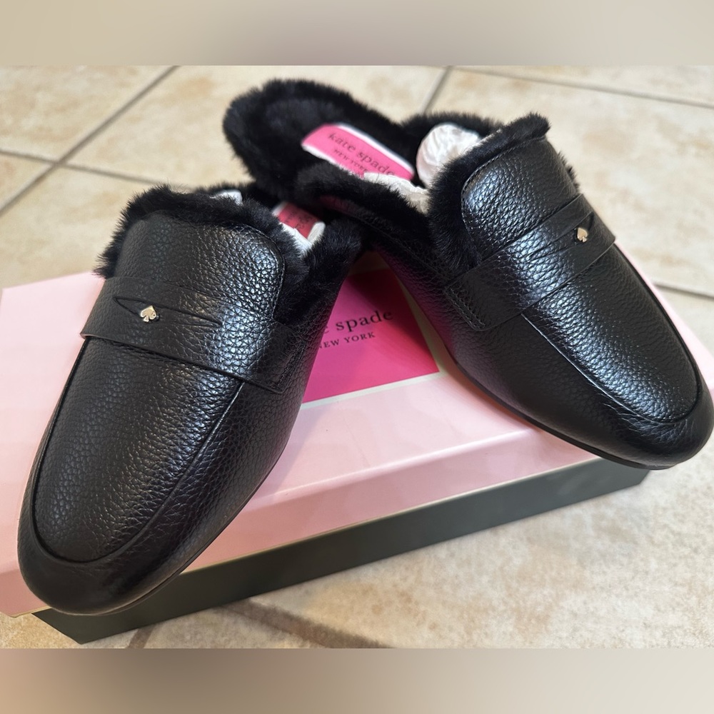 Kate Spade Caelyn Pebble Leather Faux Fur Lined Flat Mules.